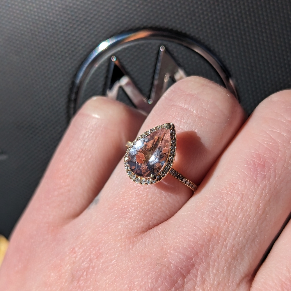 Romantic Morganite Pear Shape and Single Cut Diamond 14k Gold Engagement Ring